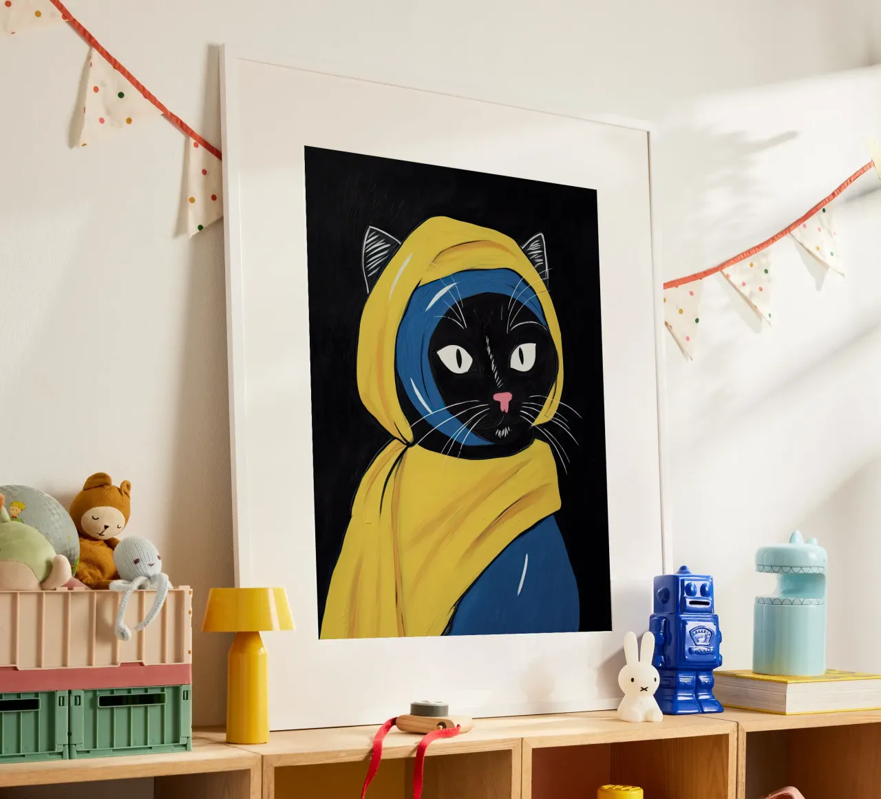 La ragazza con l'orecchino di perla - Gatto nero, Johannes Vermeer poster con telaio in plastica da Peaches Art Prints