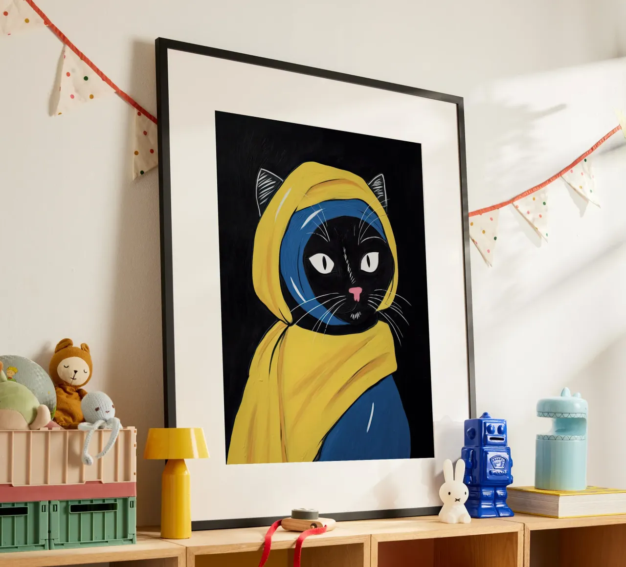 La ragazza con l'orecchino di perla - Gatto nero, Johannes Vermeer poster con telaio in plastica da Peaches Art Prints