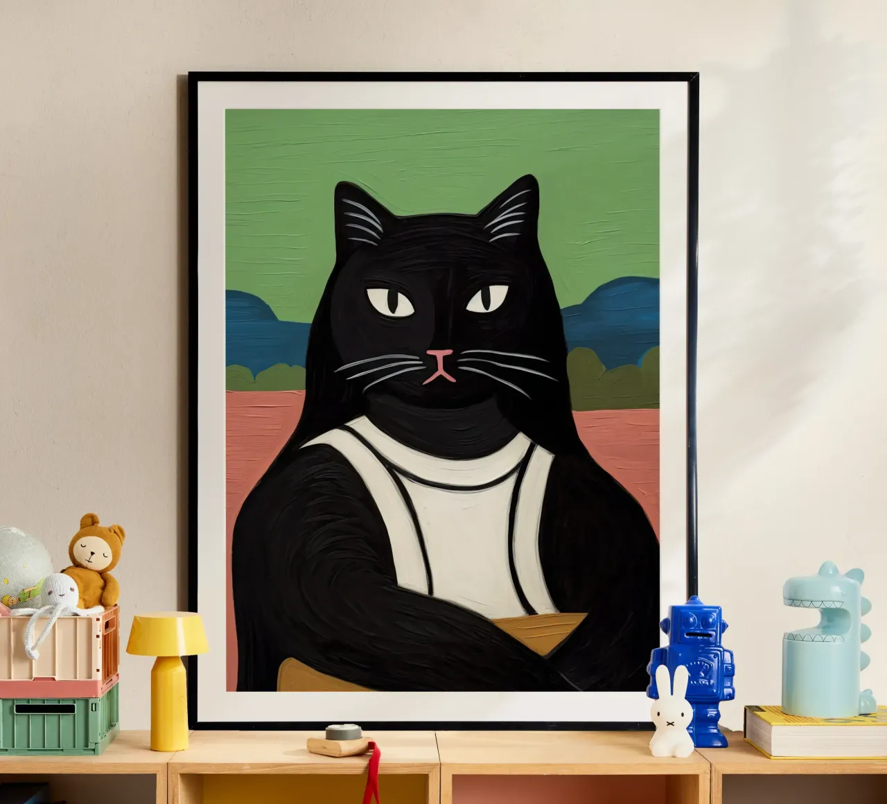Black Cat, Leonardo Da Vinci Gioconda, La Mona Lisa poster con telaio in plastica da Peaches Art Prints