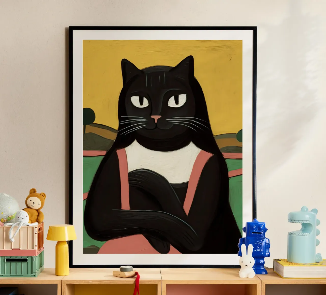 Leonardo Da Vinci, La Mona Lisa, Black Cat Gioconda poster con telaio in legno da Peaches Art Prints
