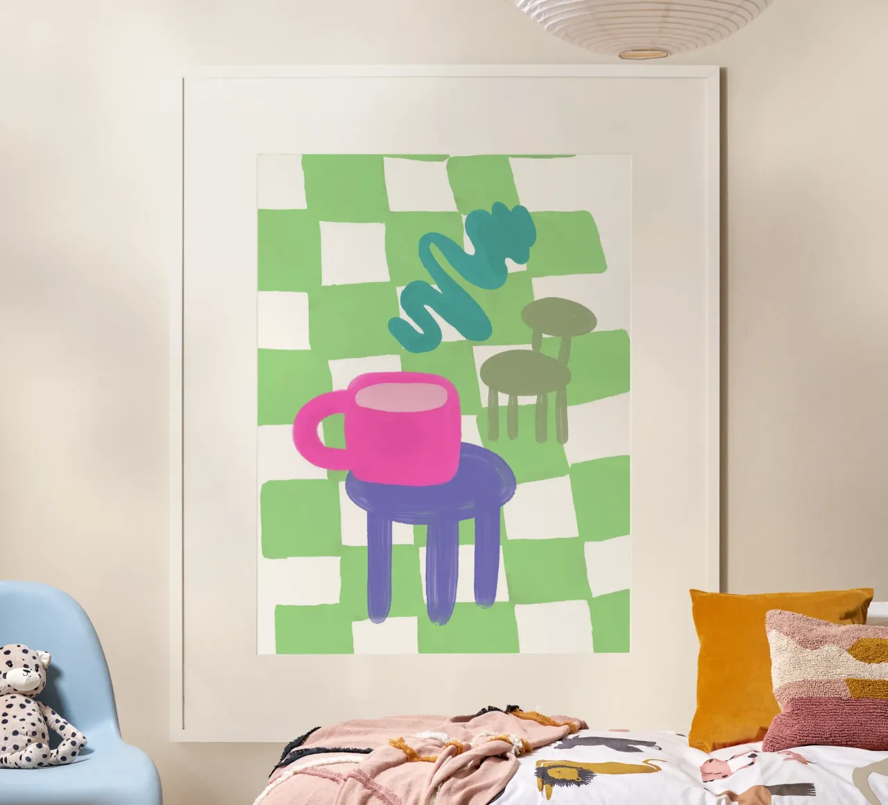 Alfombra a cuadros de moda Silla y mesa de centro poster de Peaches Art Prints
