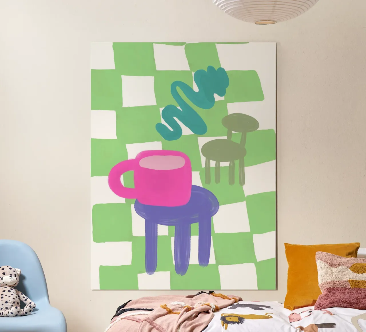 Alfombra a cuadros de moda Silla y mesa de centro poster de Peaches Art Prints