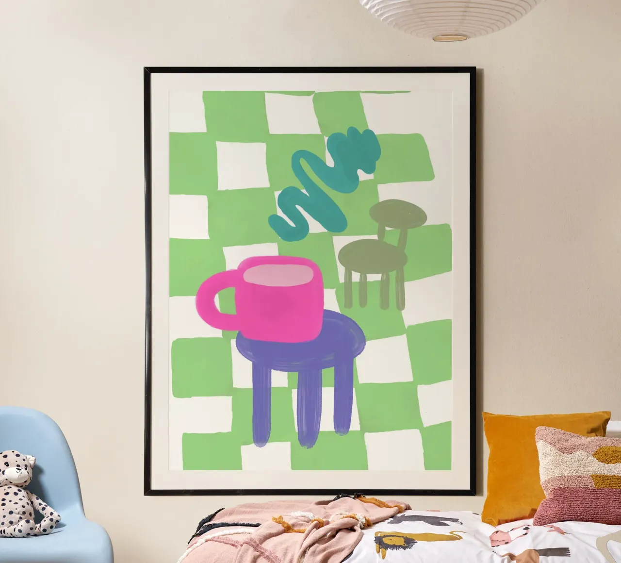 Alfombra a cuadros de moda Silla y mesa de centro poster de Peaches Art Prints