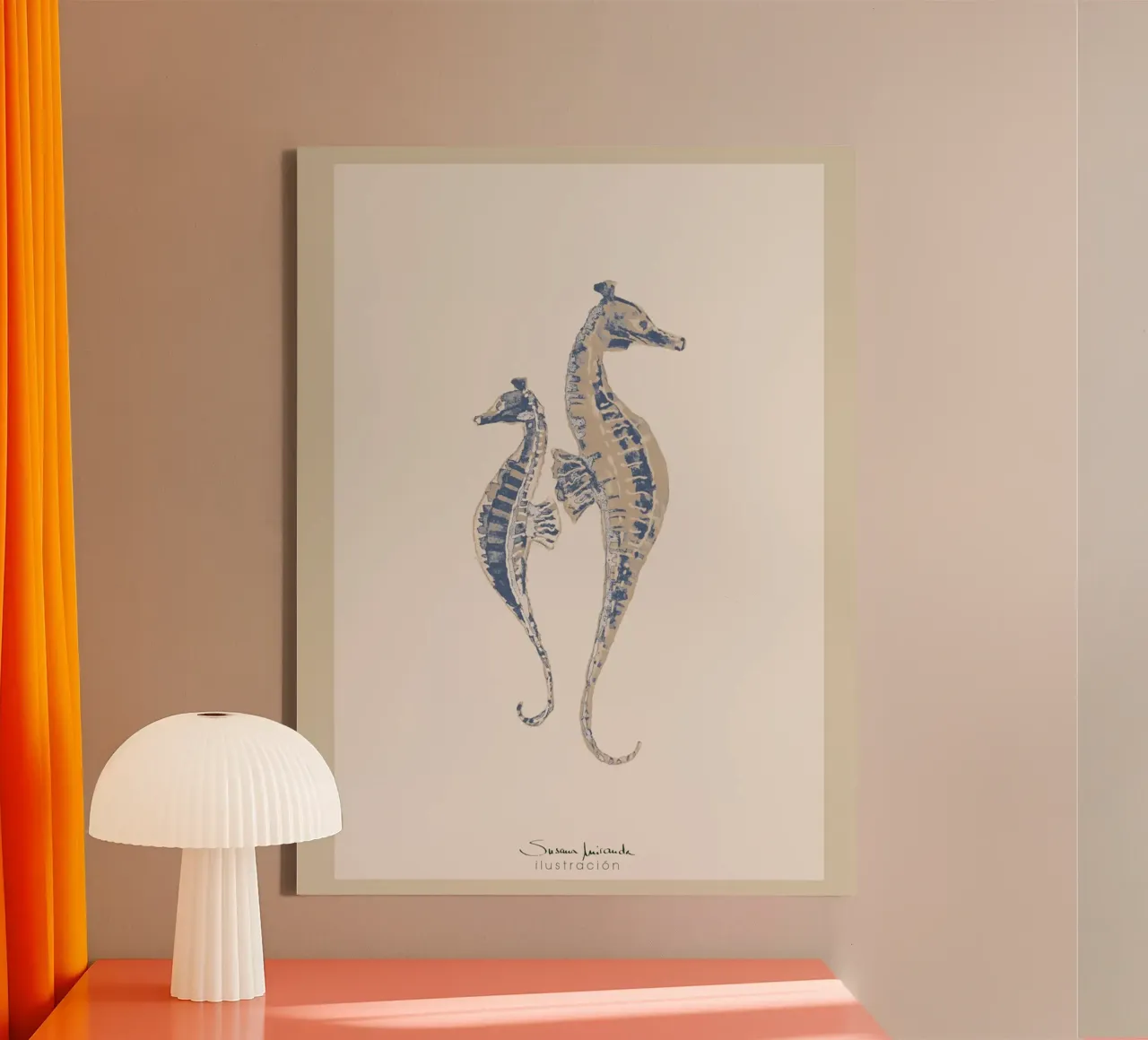 Cavalli marini blu e beige tela con Cornice a cassetta da Art by Susana Miranda ilustración