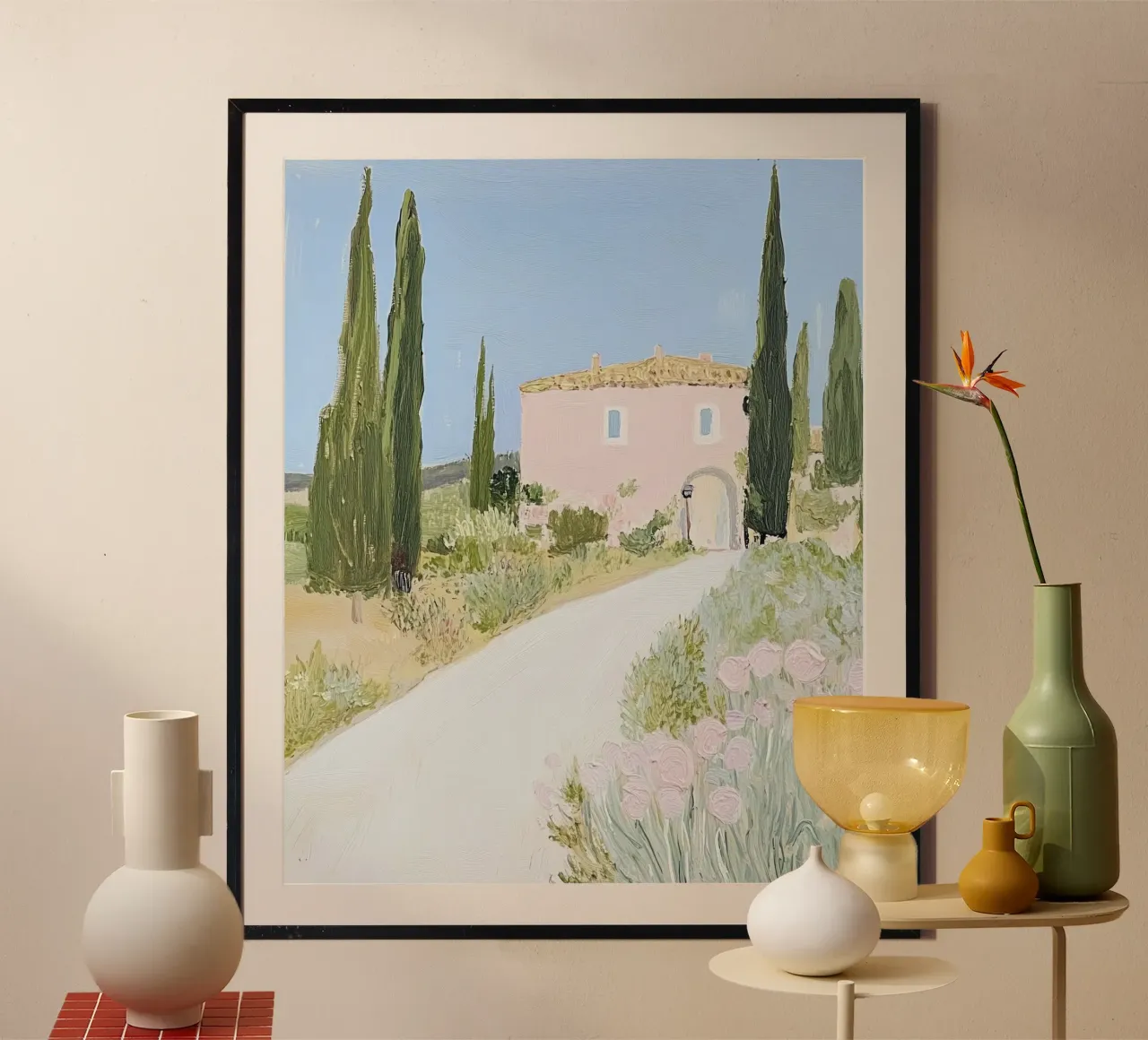 Italia, Toscana, Casa rosa, Colline, Arte da viaggio, Pittura carina poster con telaio in alluminio da Peaches Art Prints