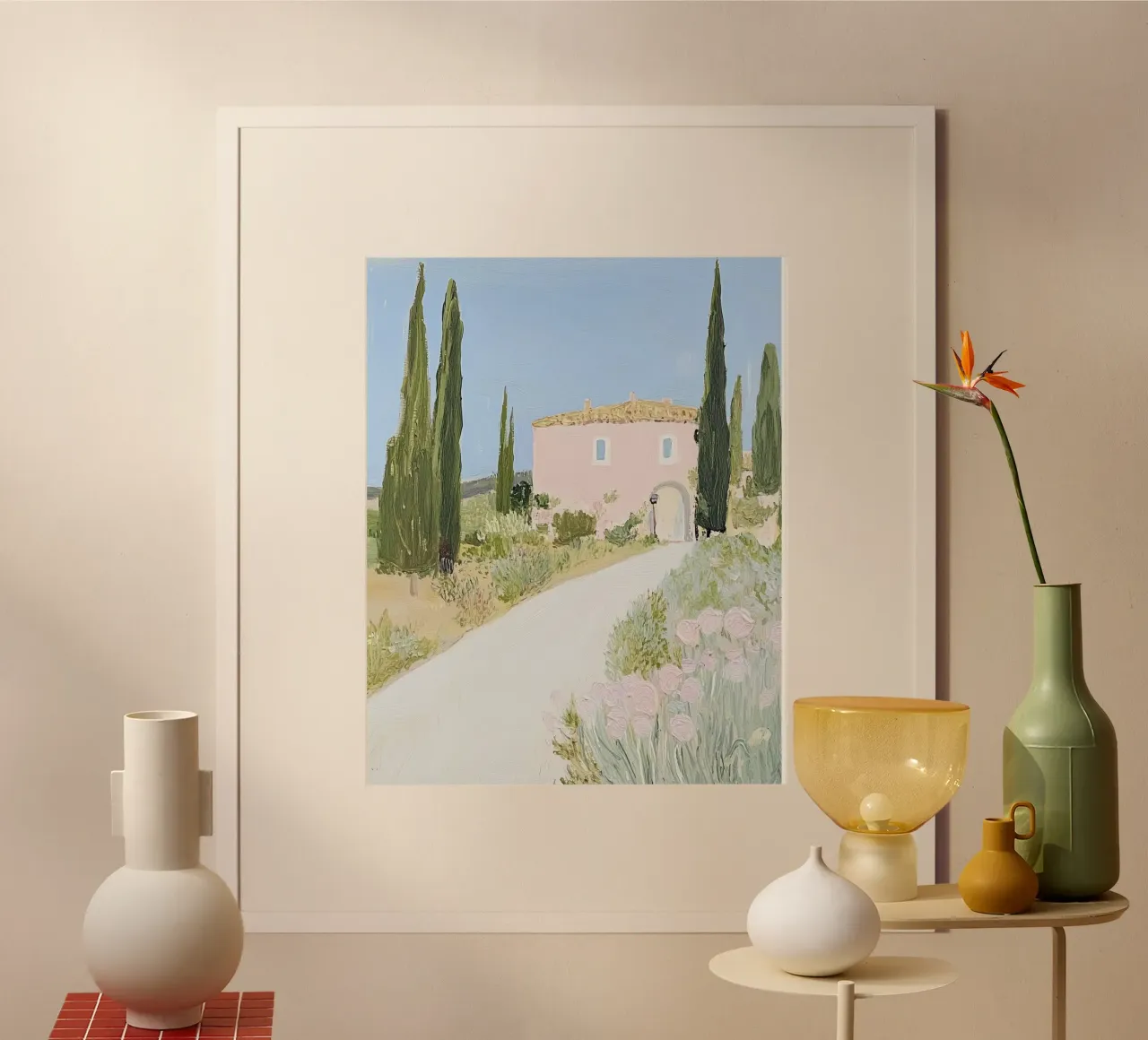 Italia, Toscana, Casa rosa, Colline, Arte da viaggio, Pittura carina poster con telaio in alluminio da Peaches Art Prints