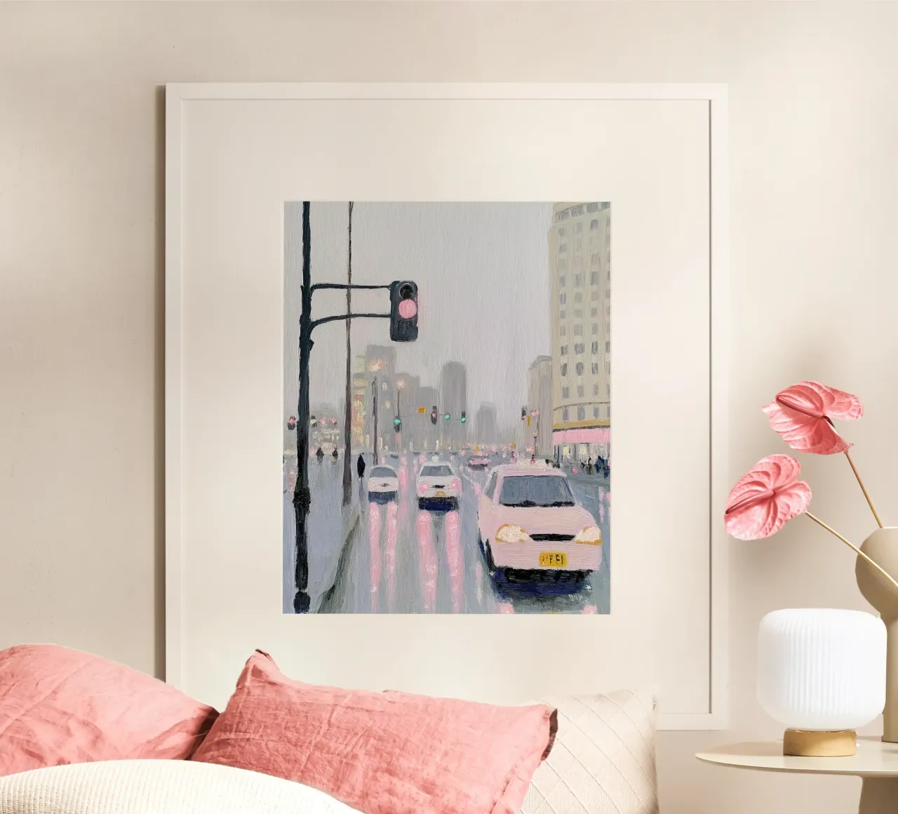 Giappone, strada di Tokyo sotto la pioggia, Arte di viaggio, Pittura carina poster con telaio in legno da Peaches Art Prints