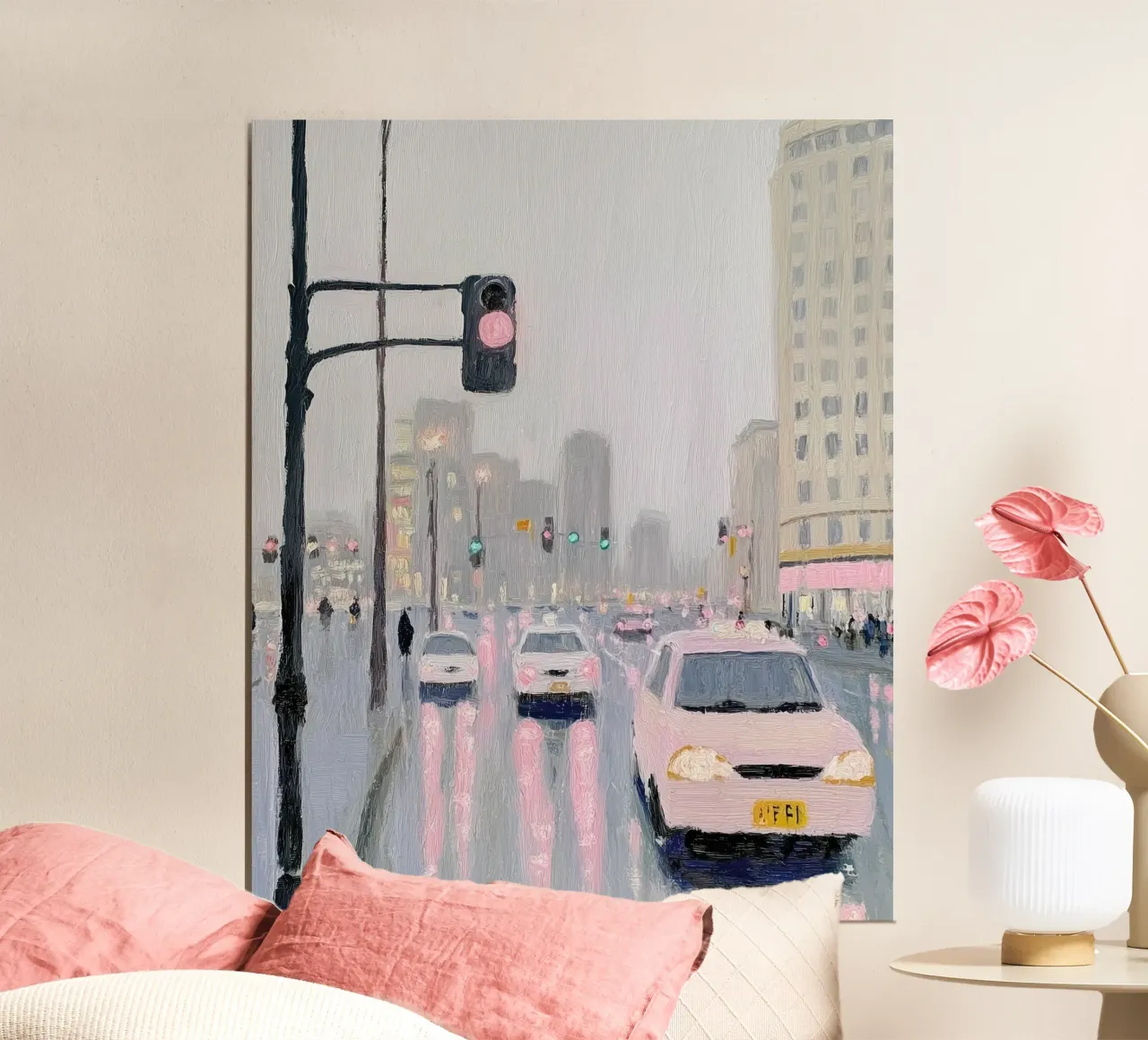 Giappone, strada di Tokyo sotto la pioggia, Arte di viaggio, Pittura carina poster con telaio in legno da Peaches Art Prints