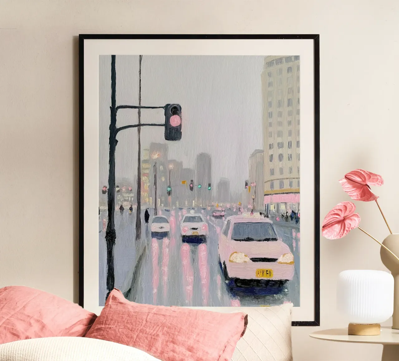 Giappone, strada di Tokyo sotto la pioggia, Arte di viaggio, Pittura carina poster con telaio in legno da Peaches Art Prints