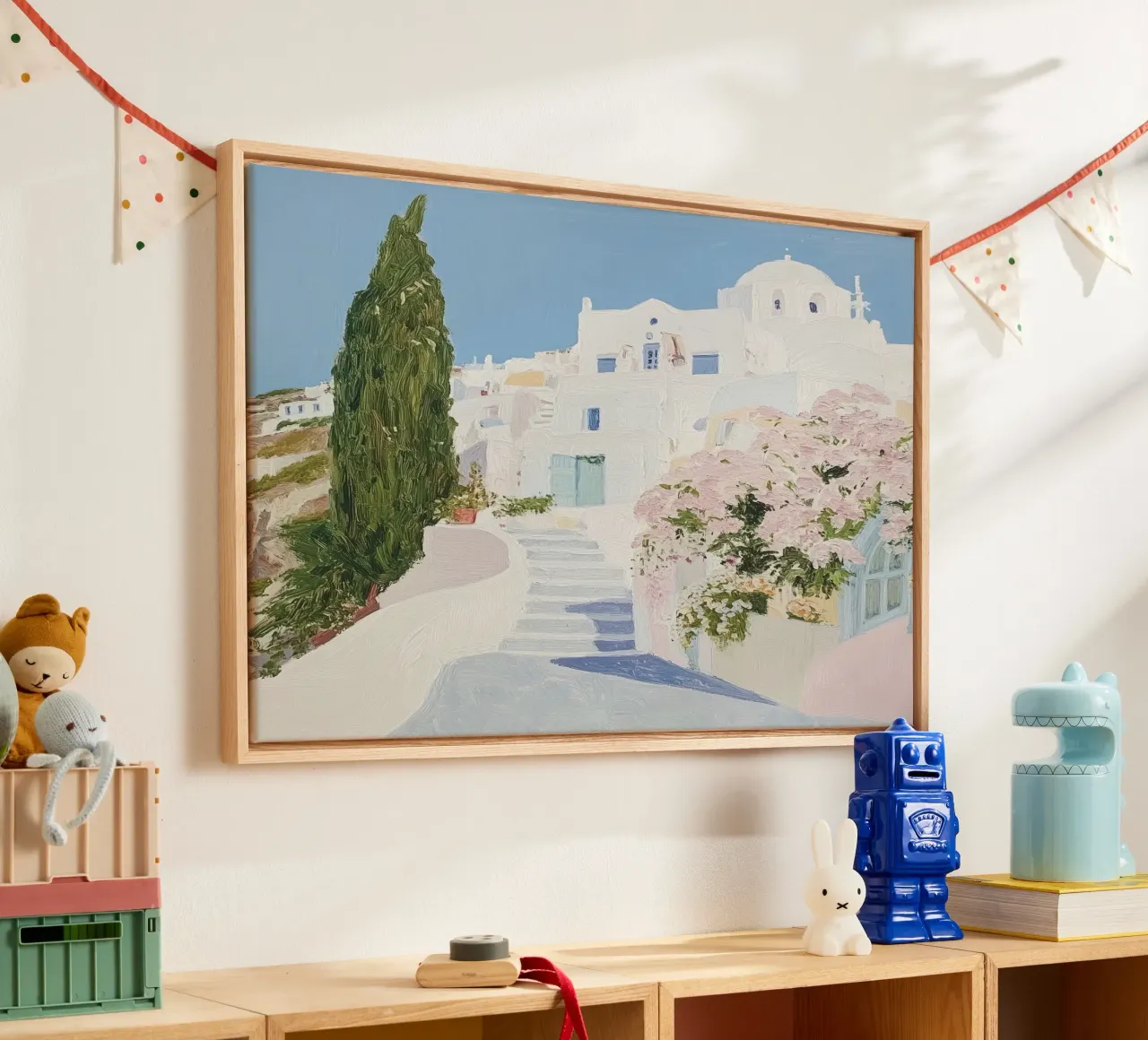 Santorini, Witte Huizen - Reis kunst, Schattig schilderij canvas met Baklijst van Peaches Art Prints
