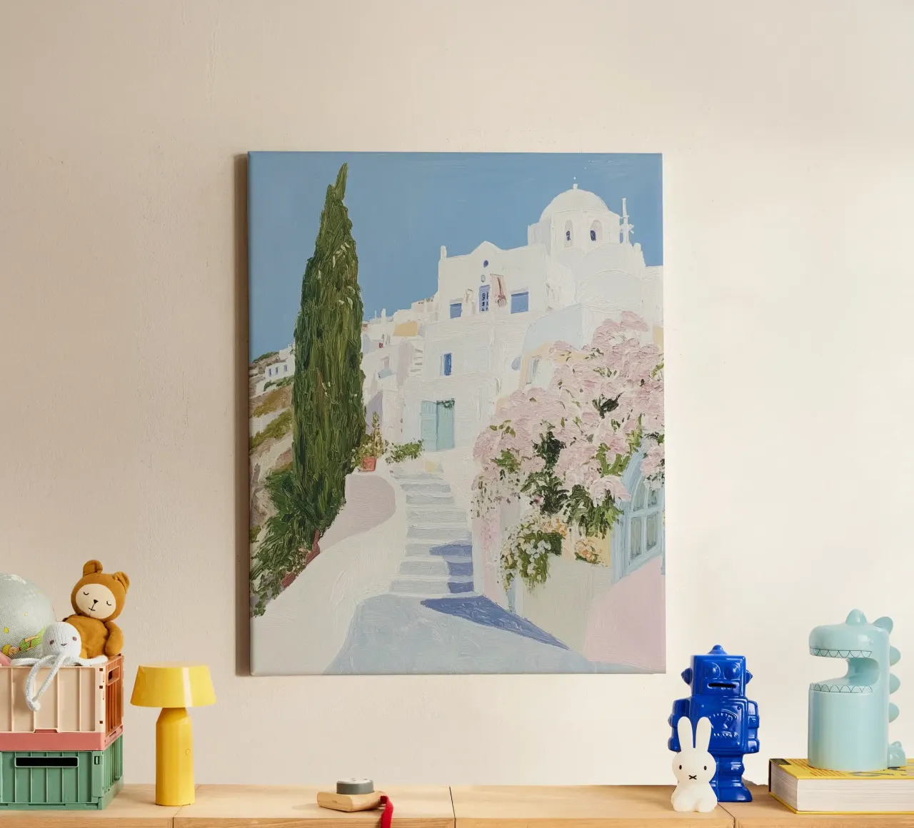Santorini, Witte Huizen - Reis kunst, Schattig schilderij canvas met Baklijst van Peaches Art Prints