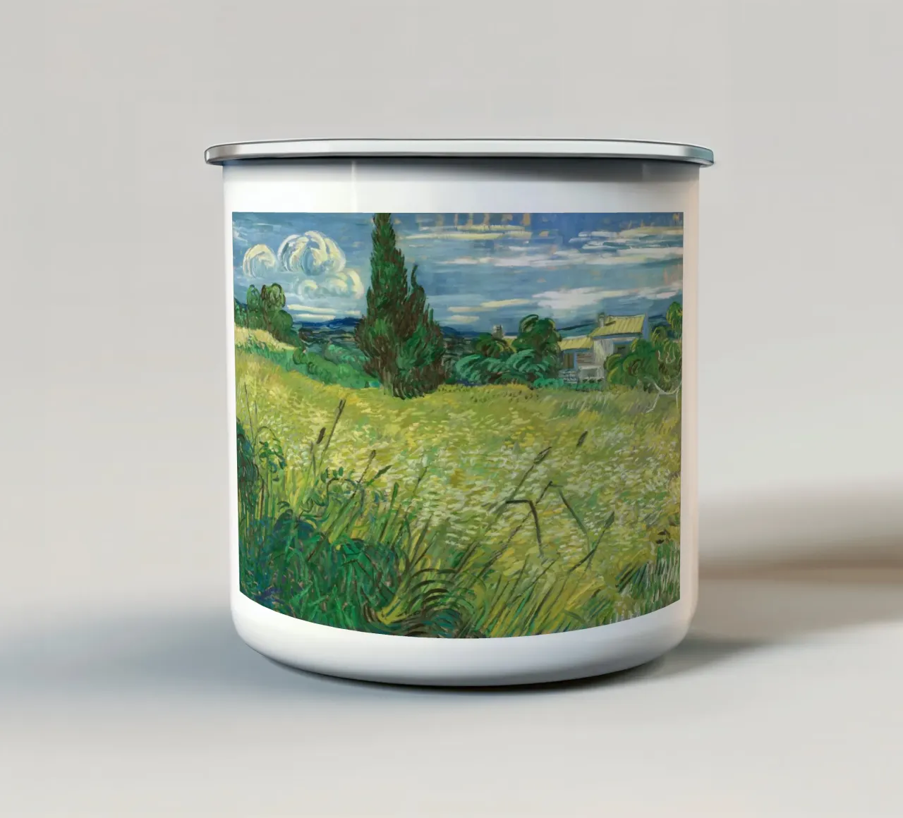 Vincent van Gogh - Campo di grano verde con cipresso tazza in smalto da Timeless Artworks