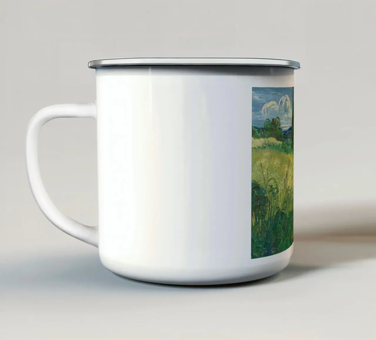 Vincent van Gogh - Campo di grano verde con cipresso tazza in smalto da Timeless Artworks