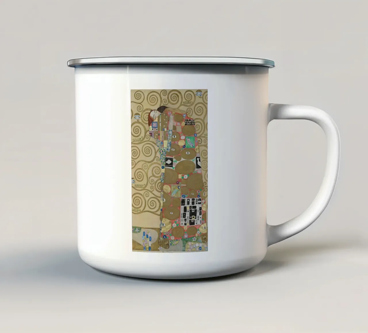 Gustav Klimt - L'abbraccio tazza in smalto da Timeless Artworks