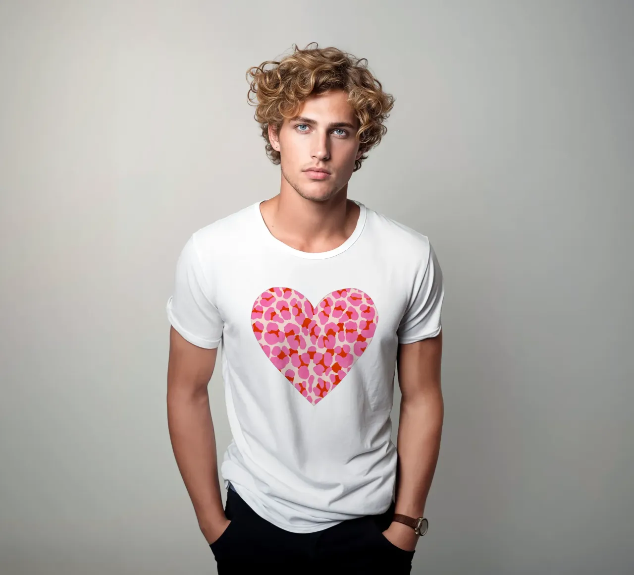 Leopard pattern. Modern in pink, red and abricot. With heart. t-shirt by CalliLetters