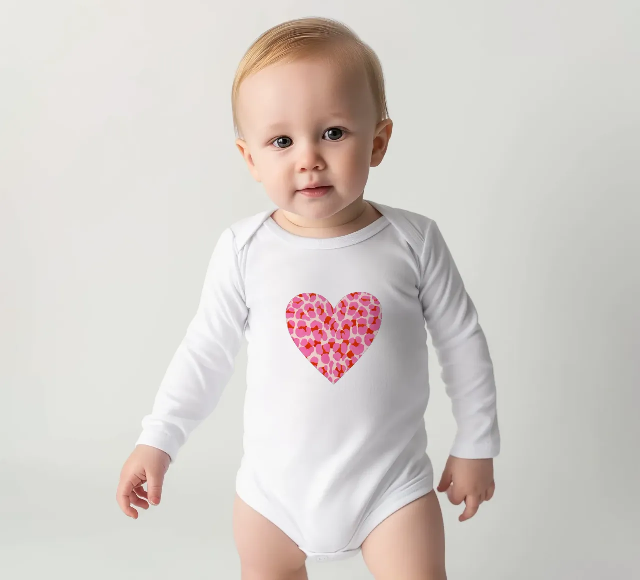 Leopard pattern. Modern in pink, red and abricot. With heart. long-sleeve baby romper by CalliLetters