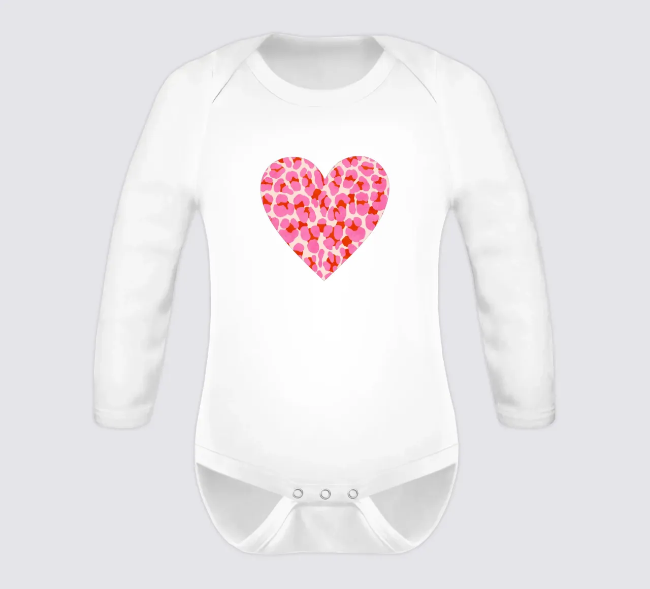 Leopard pattern. Modern in pink, red and abricot. With heart. long-sleeve baby romper by CalliLetters