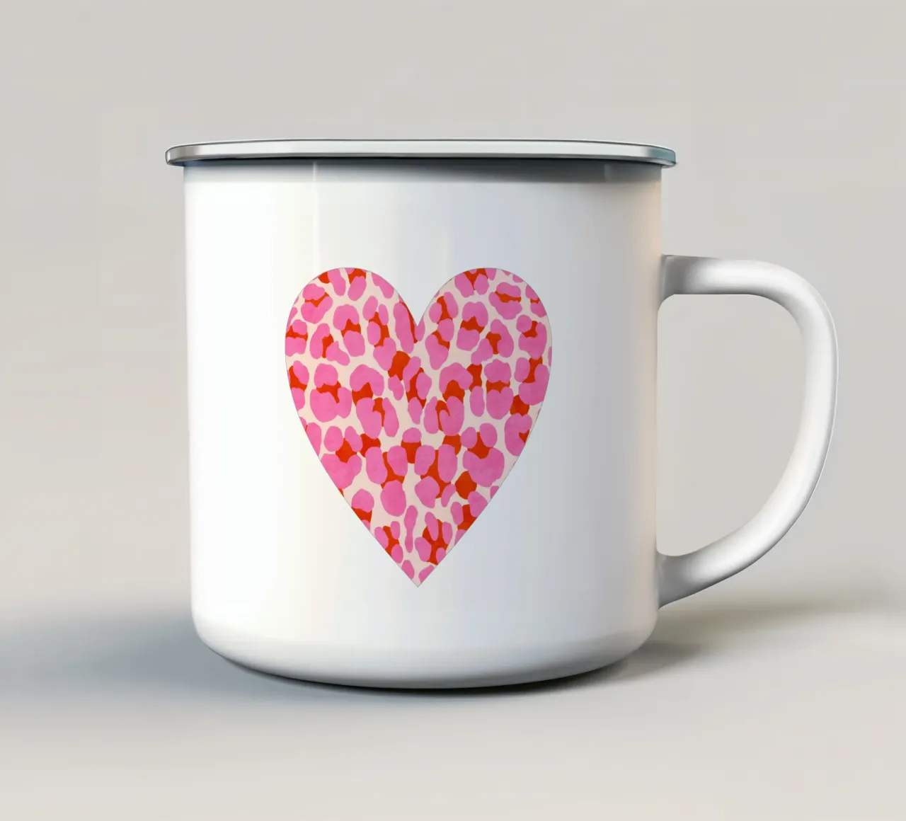 Leopard pattern. Modern in pink, red and abricot. With heart. enamel mug by CalliLetters