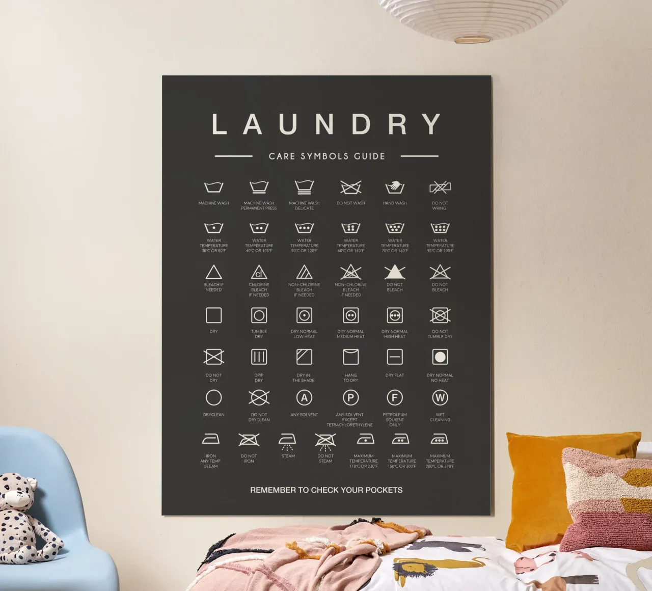 Blanchisserie, Guide des symboles d'entretien en noir - Buanderie poster avec cadre en aluminium de Peaches Art Prints
