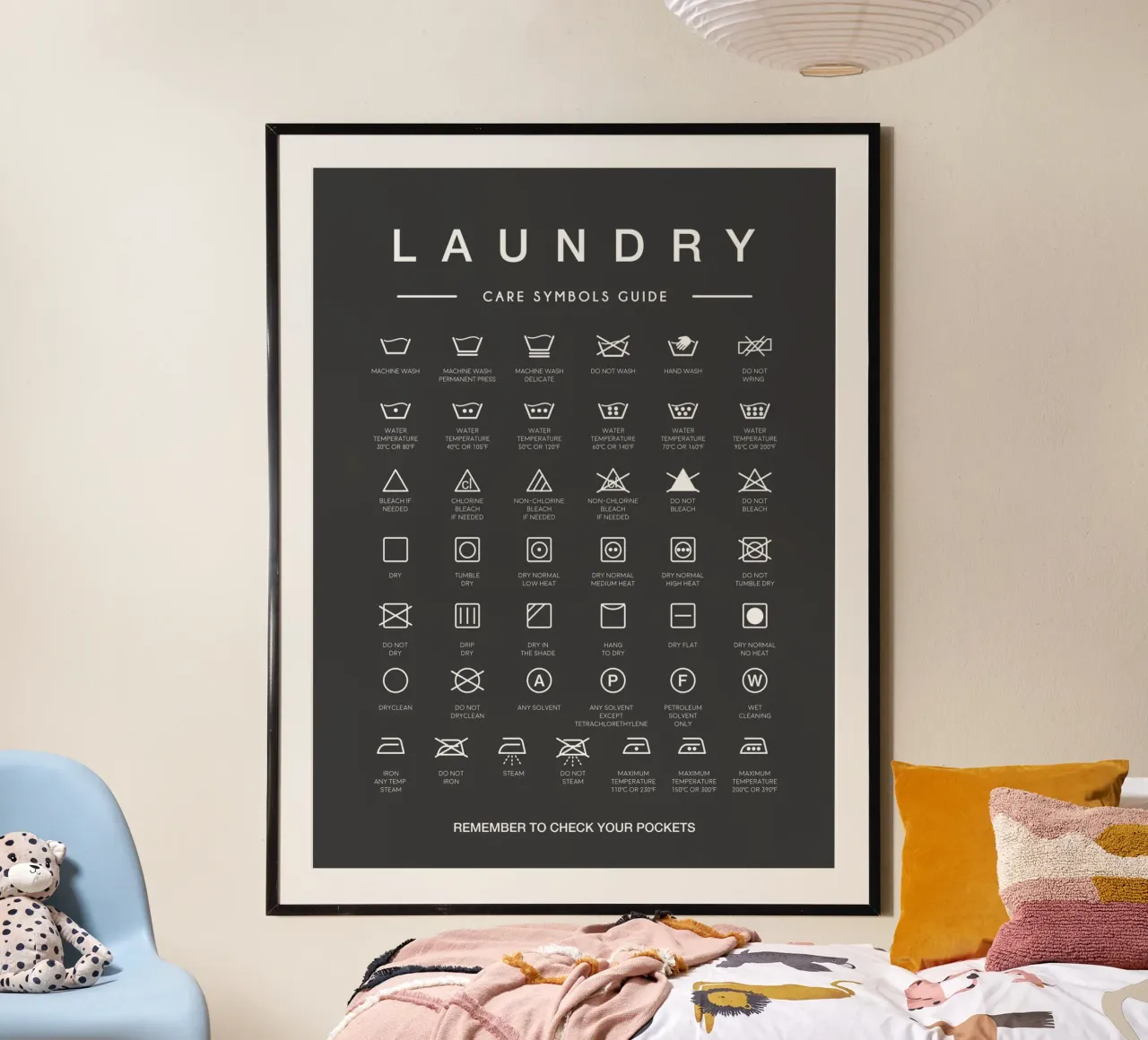 Blanchisserie, Guide des symboles d'entretien en noir - Buanderie poster avec cadre en aluminium de Peaches Art Prints