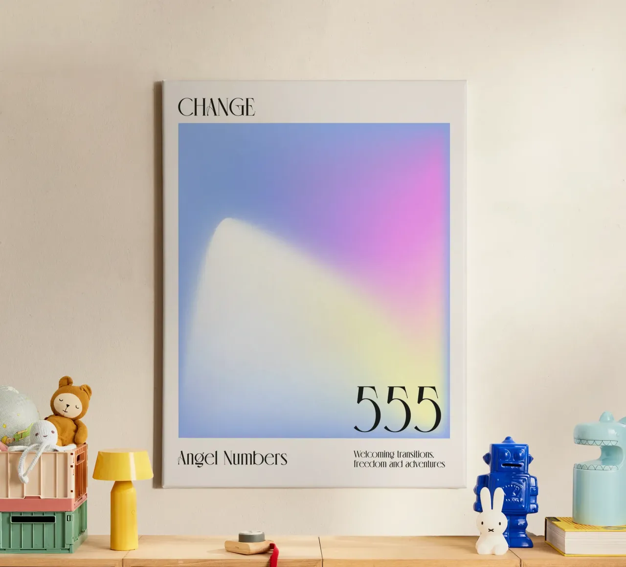 Aura, Engelszahlen, Veränderung, 555 Zitat Leinwand mit Schattenfugenrahmen von Peaches Art Prints