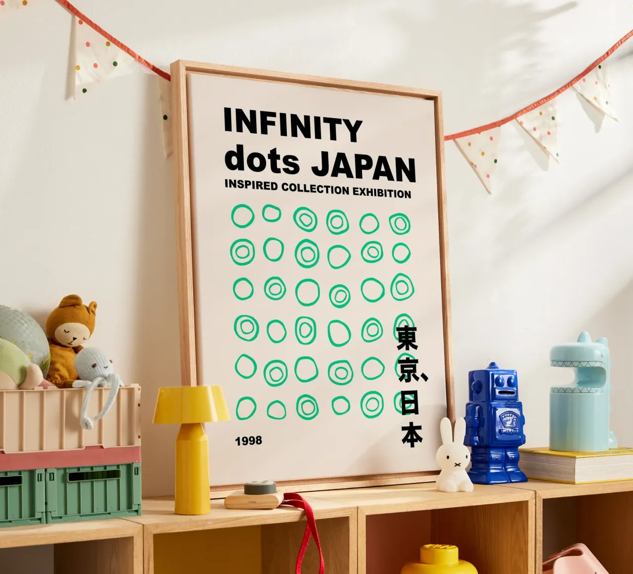 Abstracte groene stippen oneindigheid, Japans geïnspireerd grafisch canvas met Baklijst van Peaches Art Prints