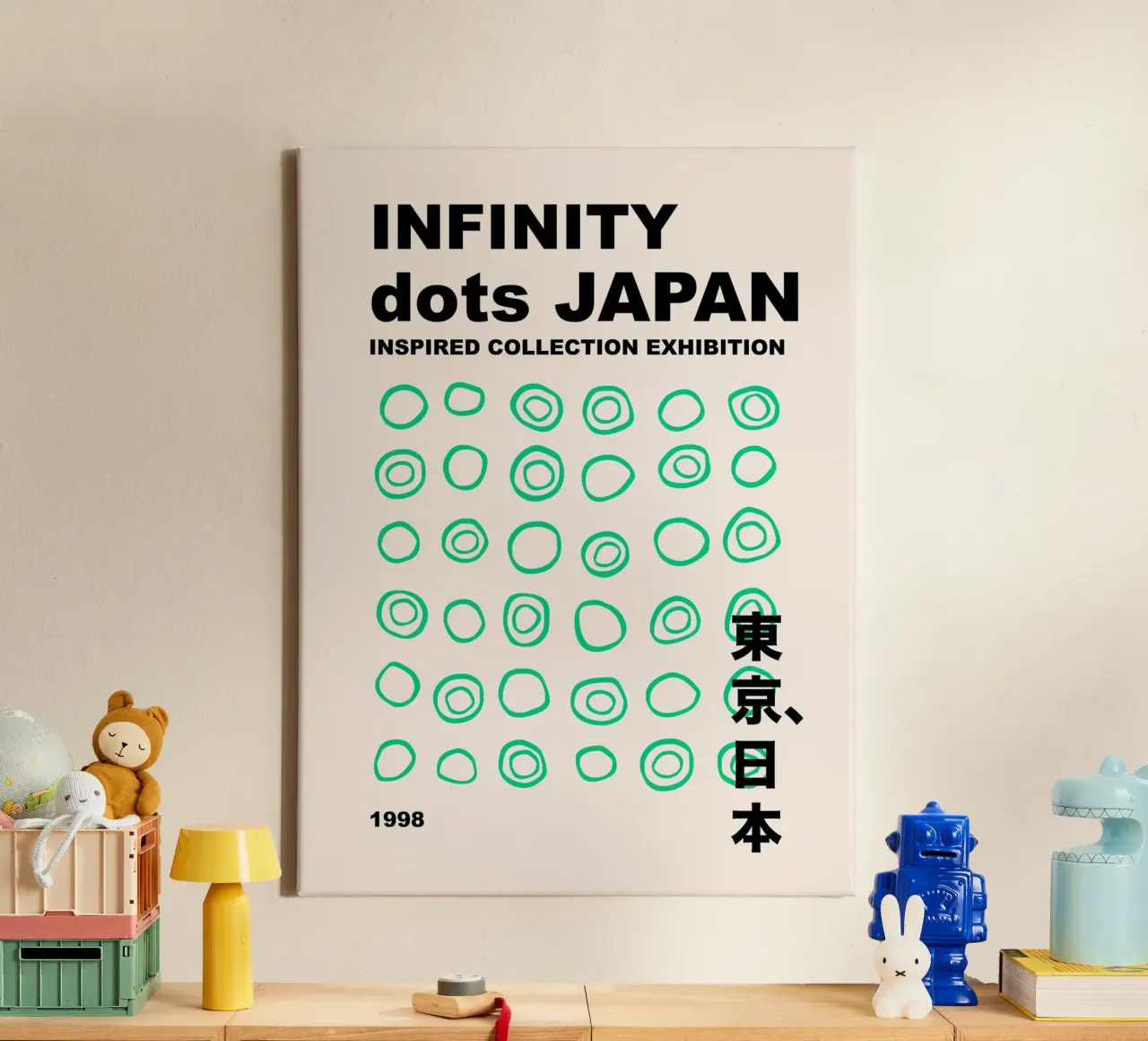 Abstracte groene stippen oneindigheid, Japans geïnspireerd grafisch canvas met Baklijst van Peaches Art Prints