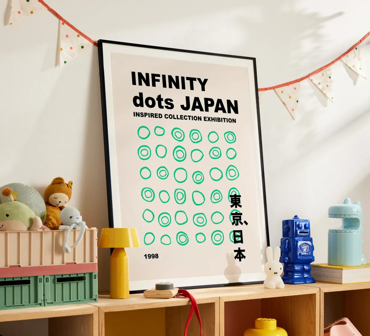 Infinito astratto a pois verdi, grafica di ispirazione giapponese poster con telaio in alluminio da Peaches Art Prints