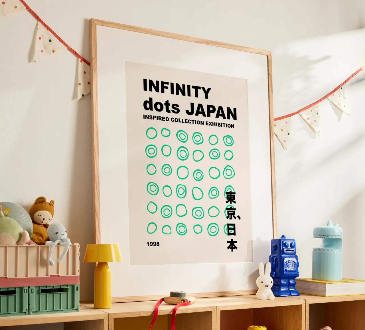 Infinito astratto a pois verdi, grafica di ispirazione giapponese poster con telaio in alluminio da Peaches Art Prints