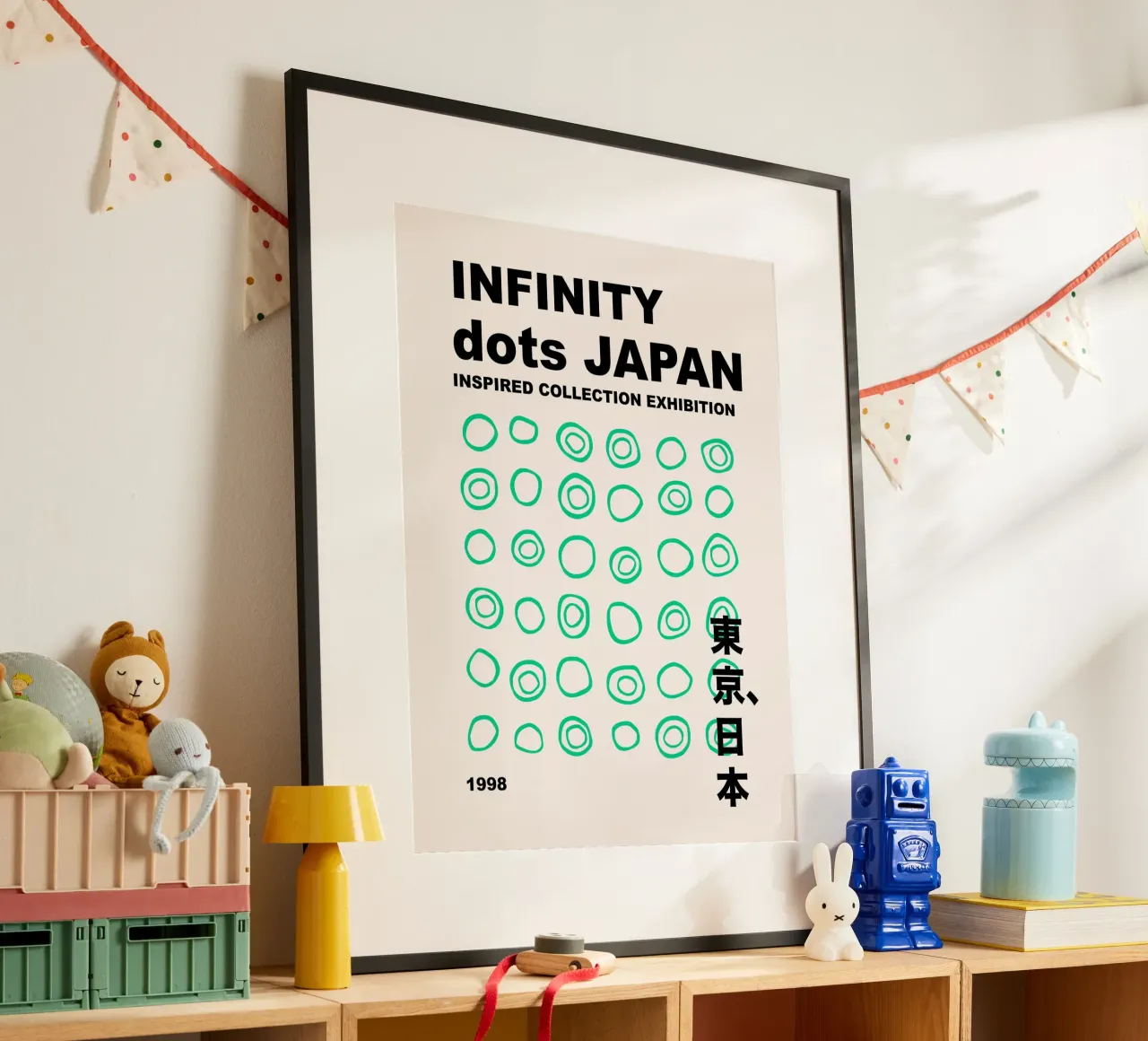Infinito astratto a pois verdi, grafica di ispirazione giapponese poster con telaio in alluminio da Peaches Art Prints