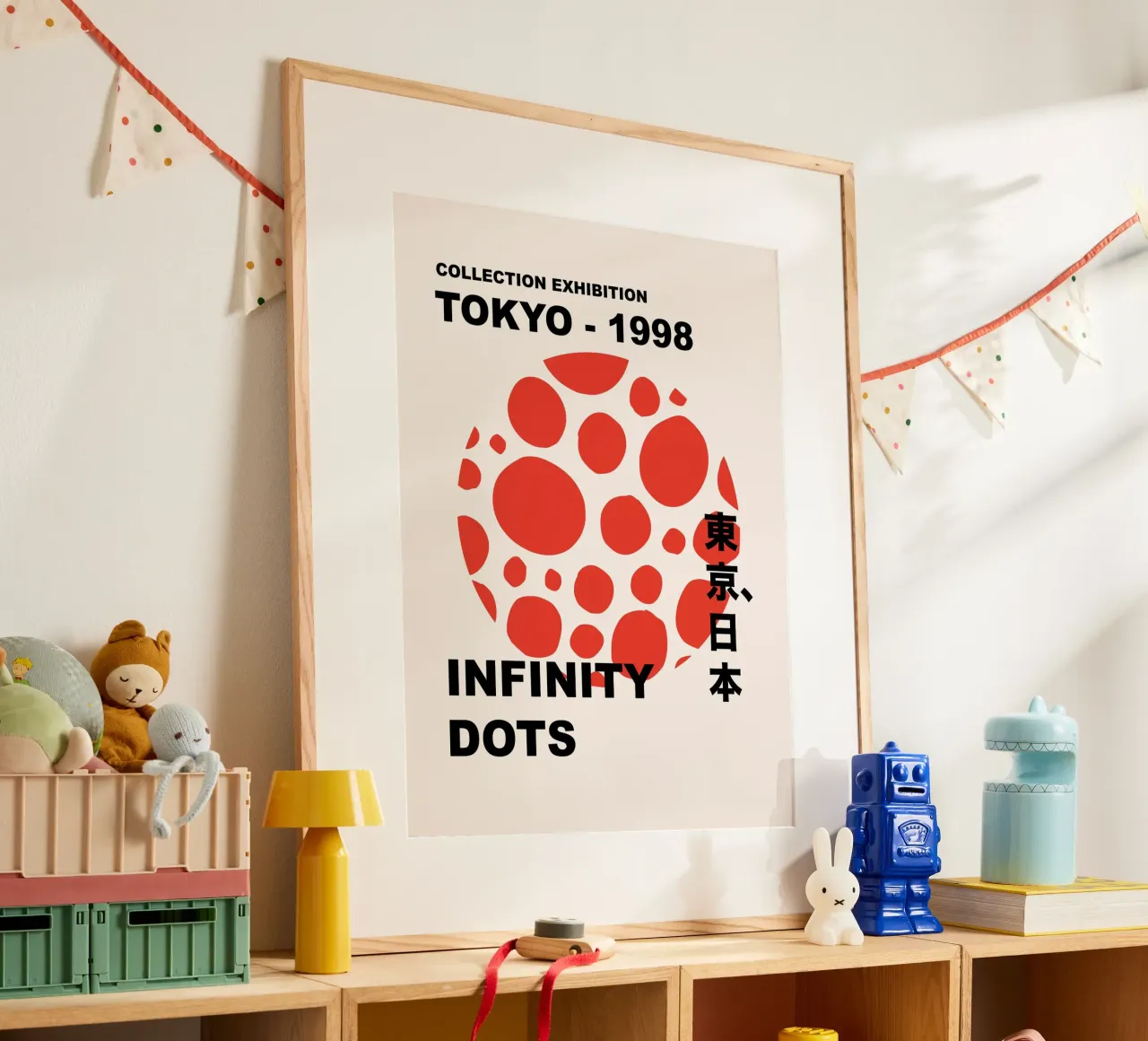 Infinito astratto a pois rossi, grafica di ispirazione giapponese poster con telaio in legno da Peaches Art Prints