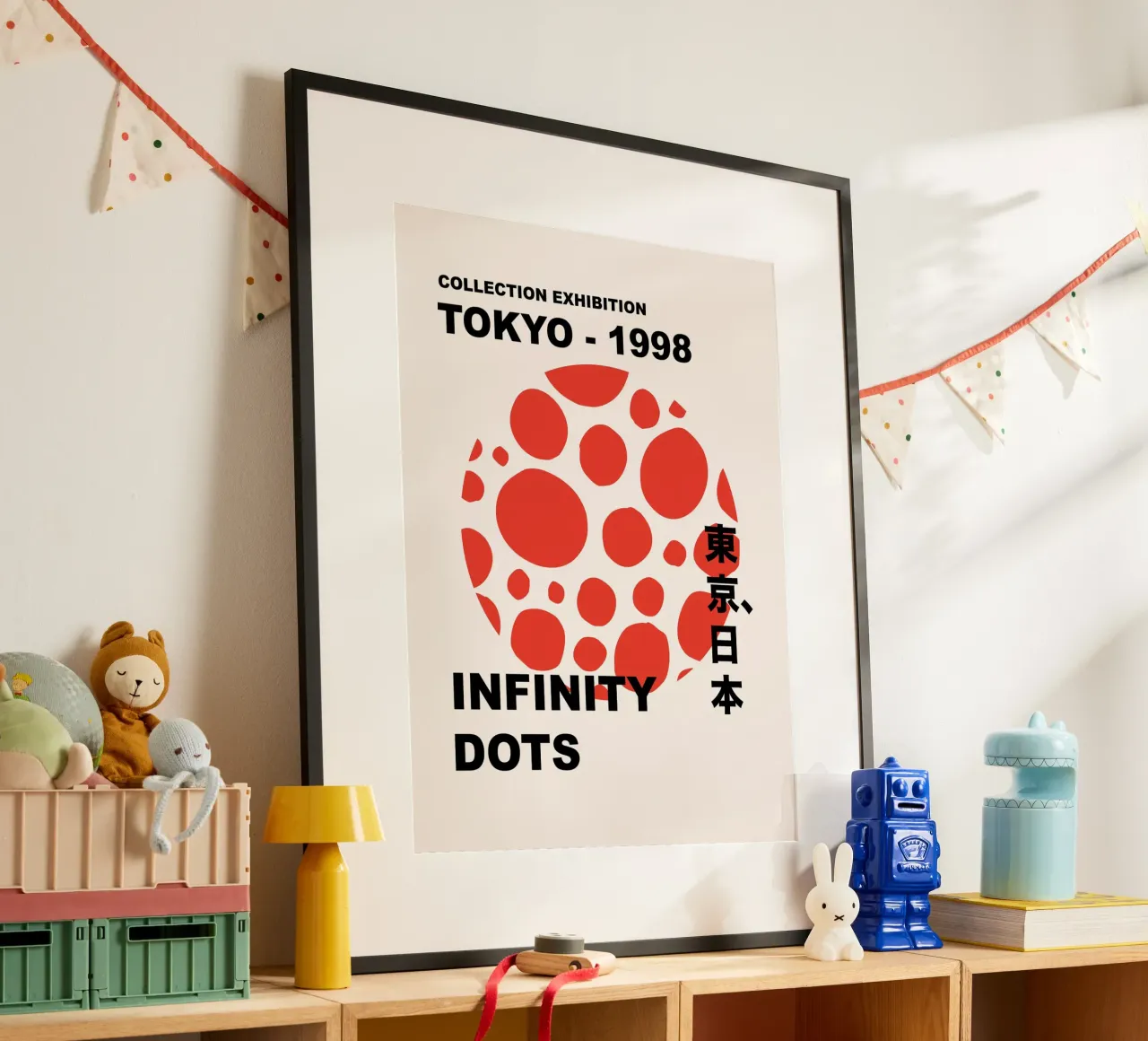 Infinito astratto a pois rossi, grafica di ispirazione giapponese poster con telaio in legno da Peaches Art Prints