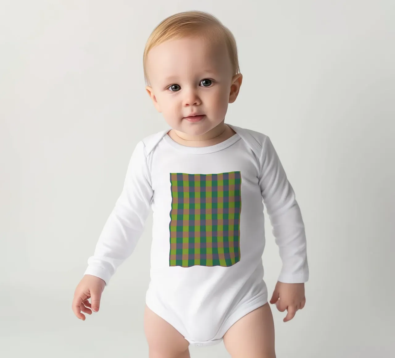 Green gingham long-sleeve baby romper by GigiRosado