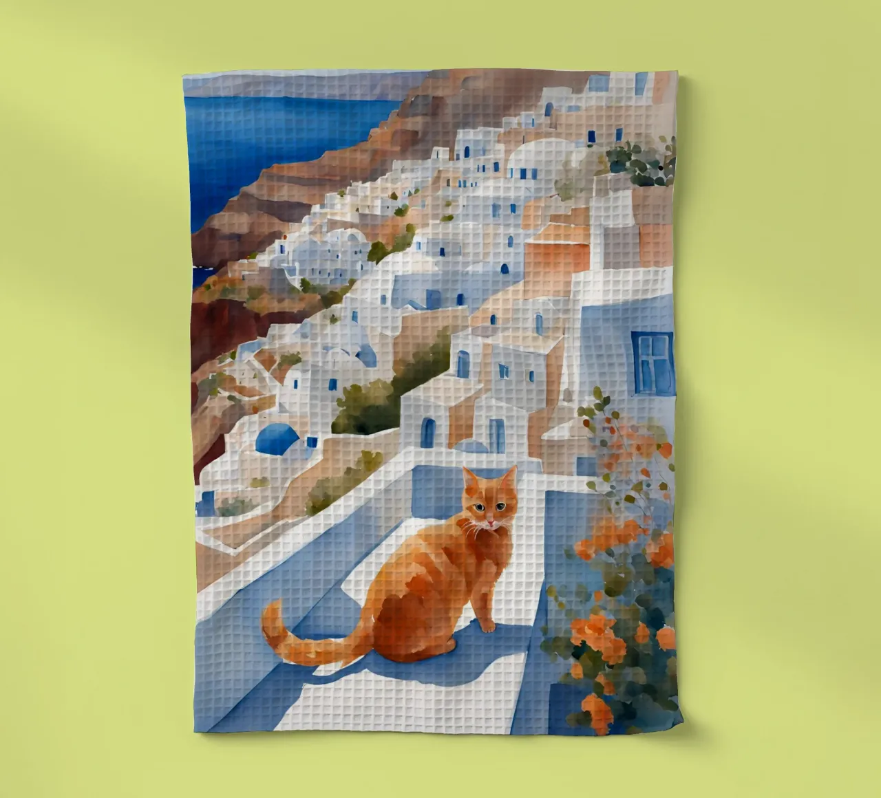 Gatto di Santorini canovaccio da cucina da Lotta Cat Design