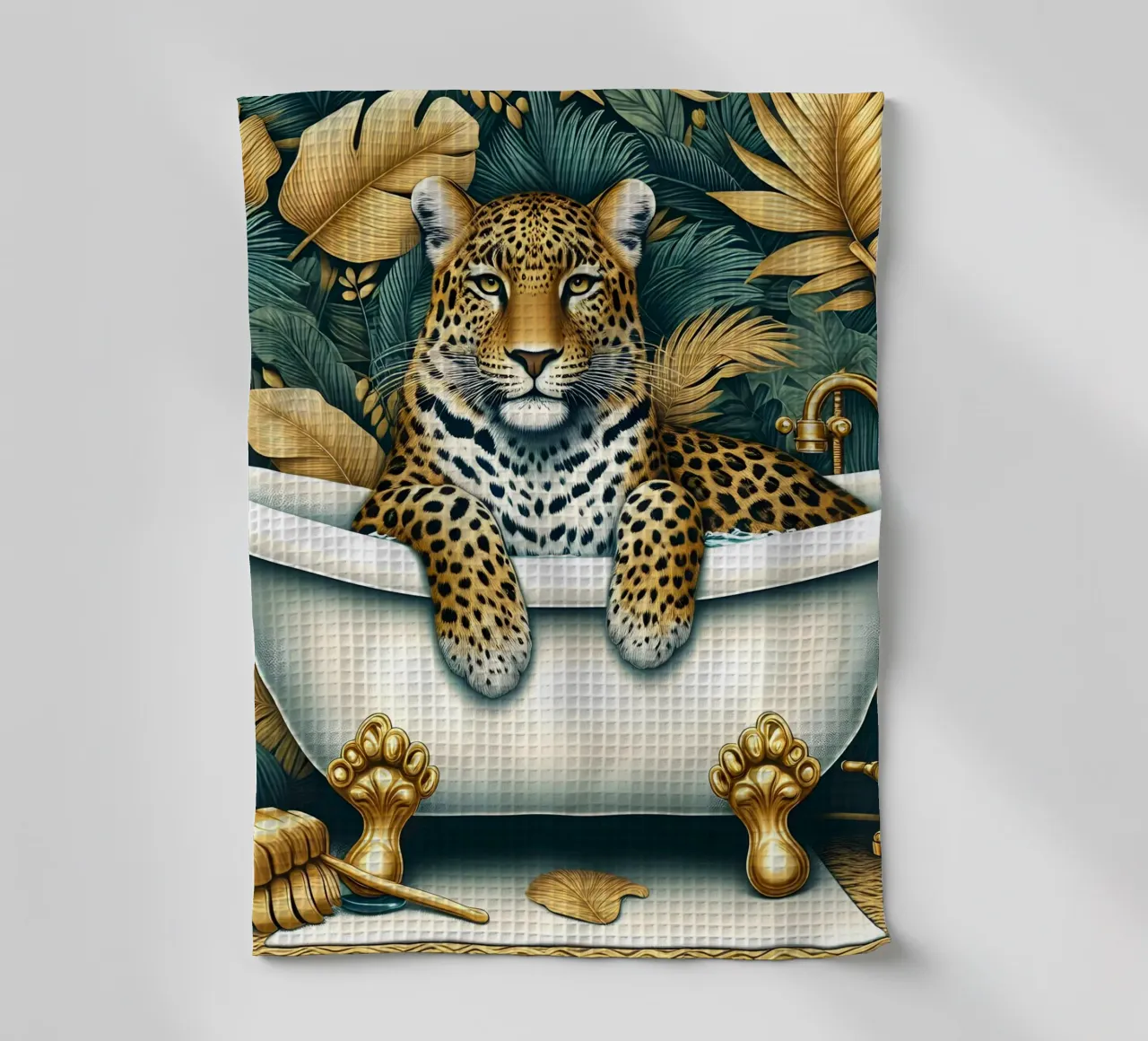 Leopardo in bagno canovaccio da cucina da ARTOMATIC