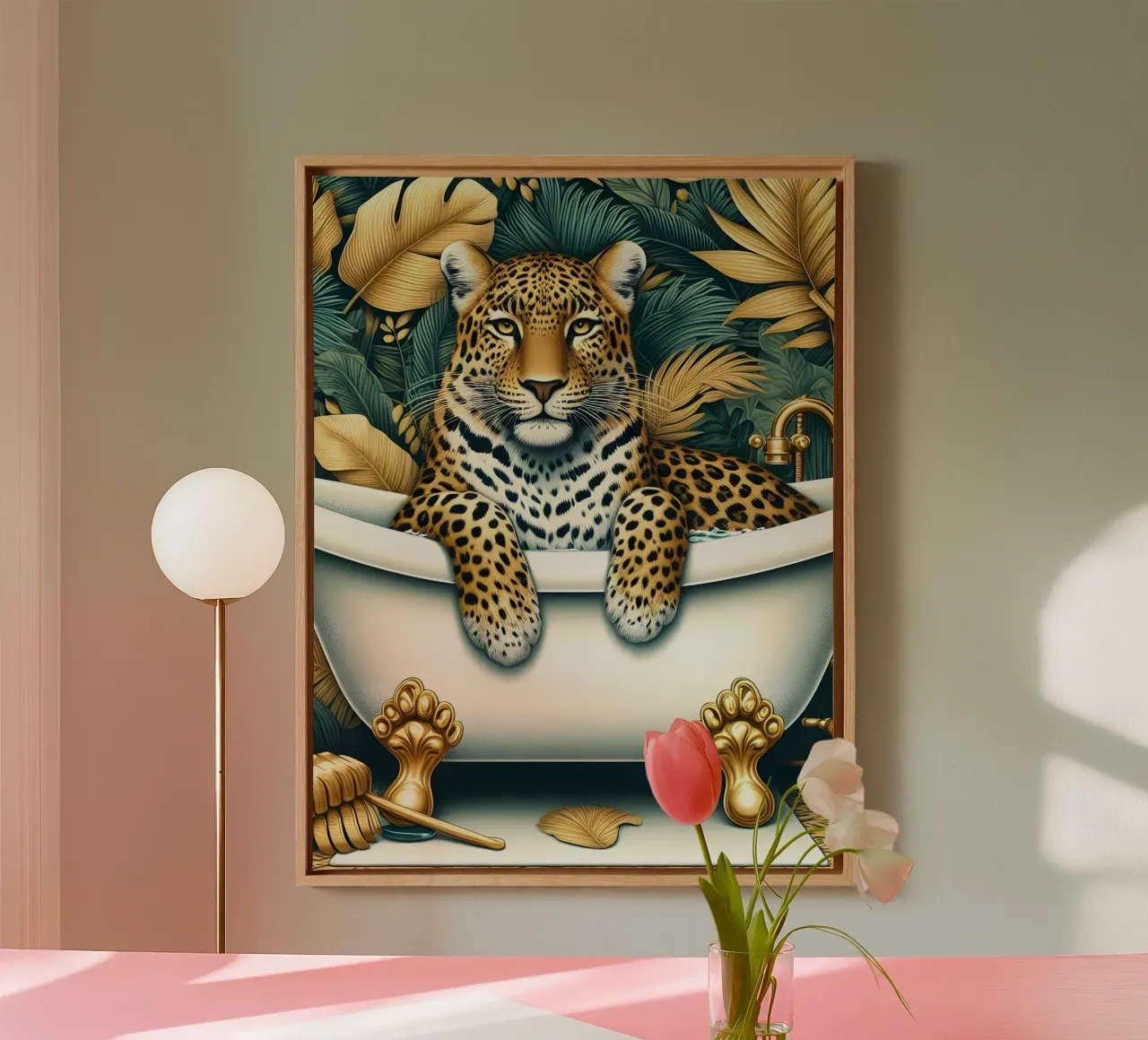 Leopard In Bath canvas with Floater frame by ARTOMATIC