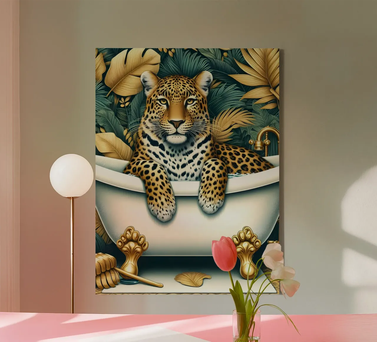 Leopard In Bath canvas with Floater frame by ARTOMATIC