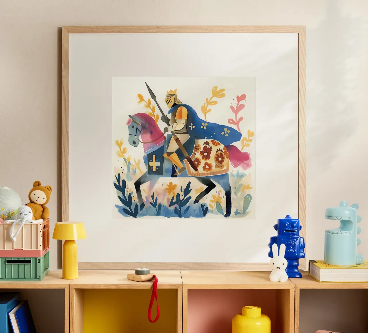 Acquerello cavaliere con cavallo poster con telaio in alluminio da Carinaprint