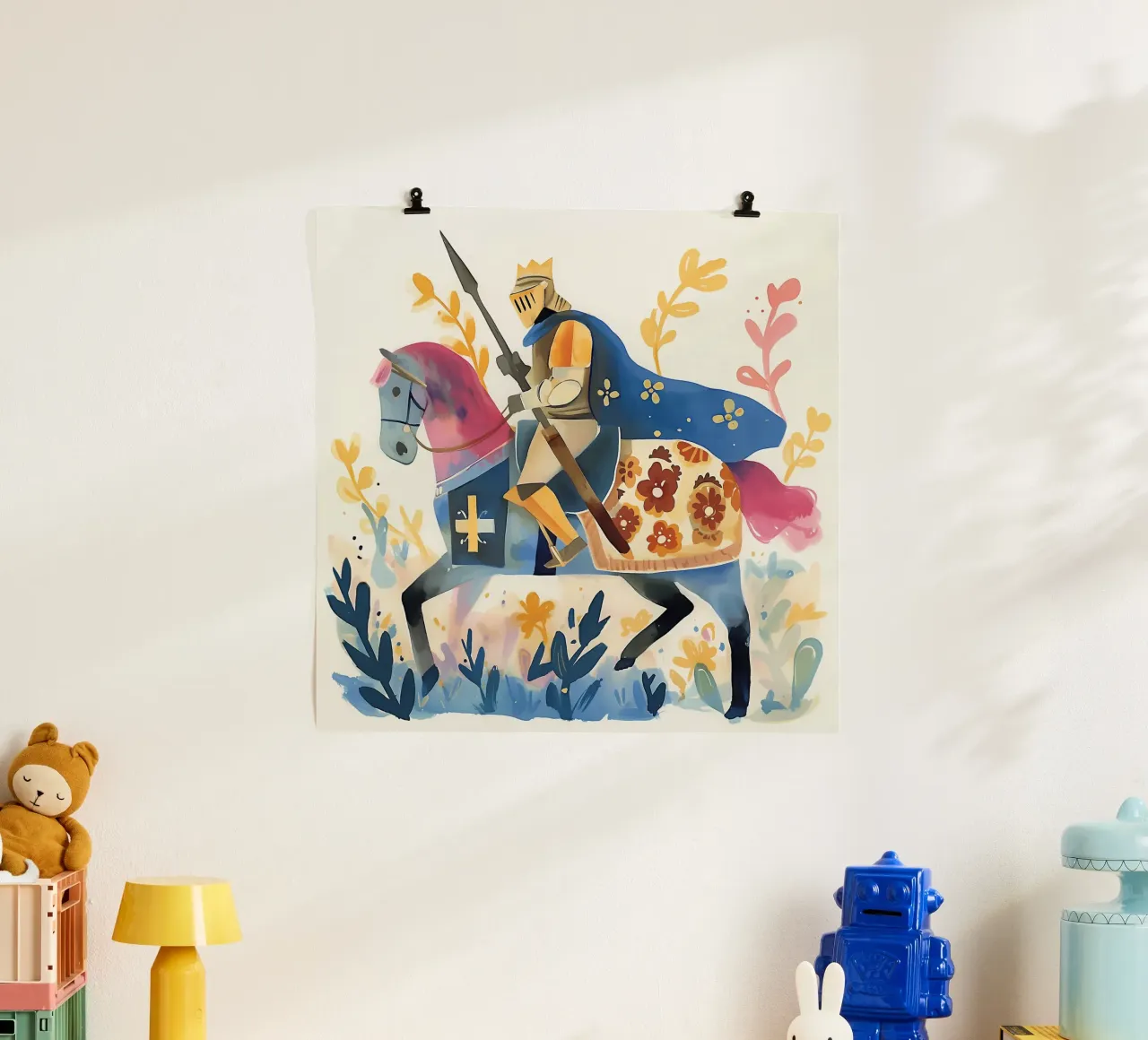 Acquerello cavaliere con cavallo poster con telaio in alluminio da Carinaprint