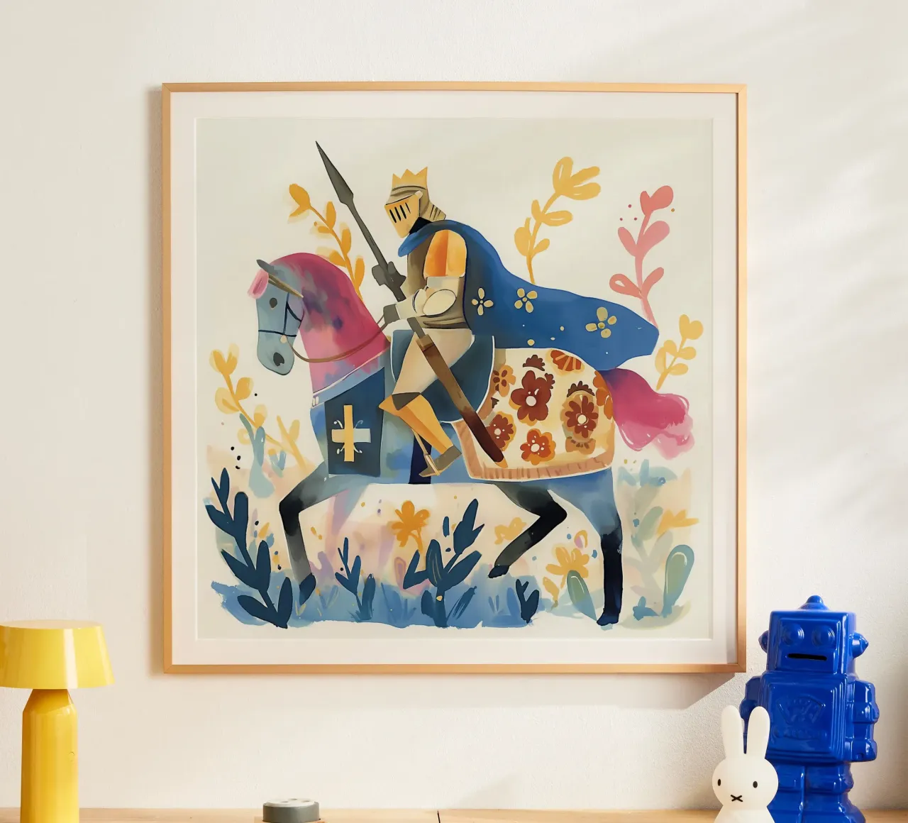 Acquerello cavaliere con cavallo poster con telaio in alluminio da Carinaprint