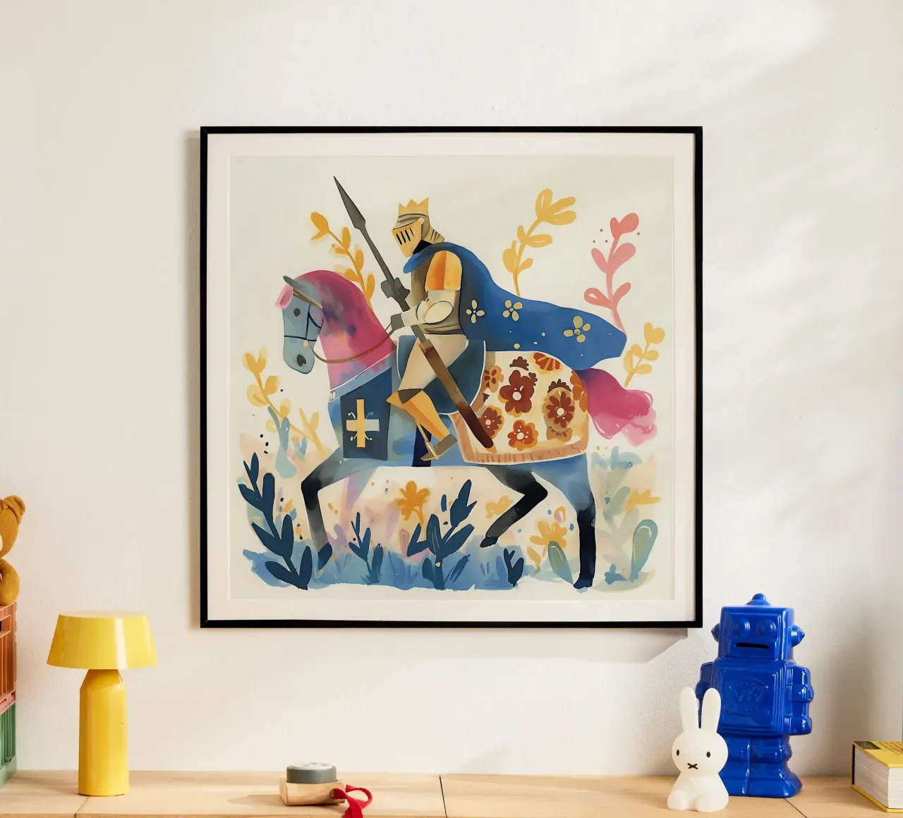 Acquerello cavaliere con cavallo poster con telaio in alluminio da Carinaprint