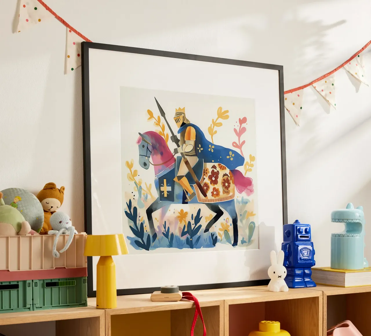 Acquerello cavaliere con cavallo poster con telaio in alluminio da Carinaprint