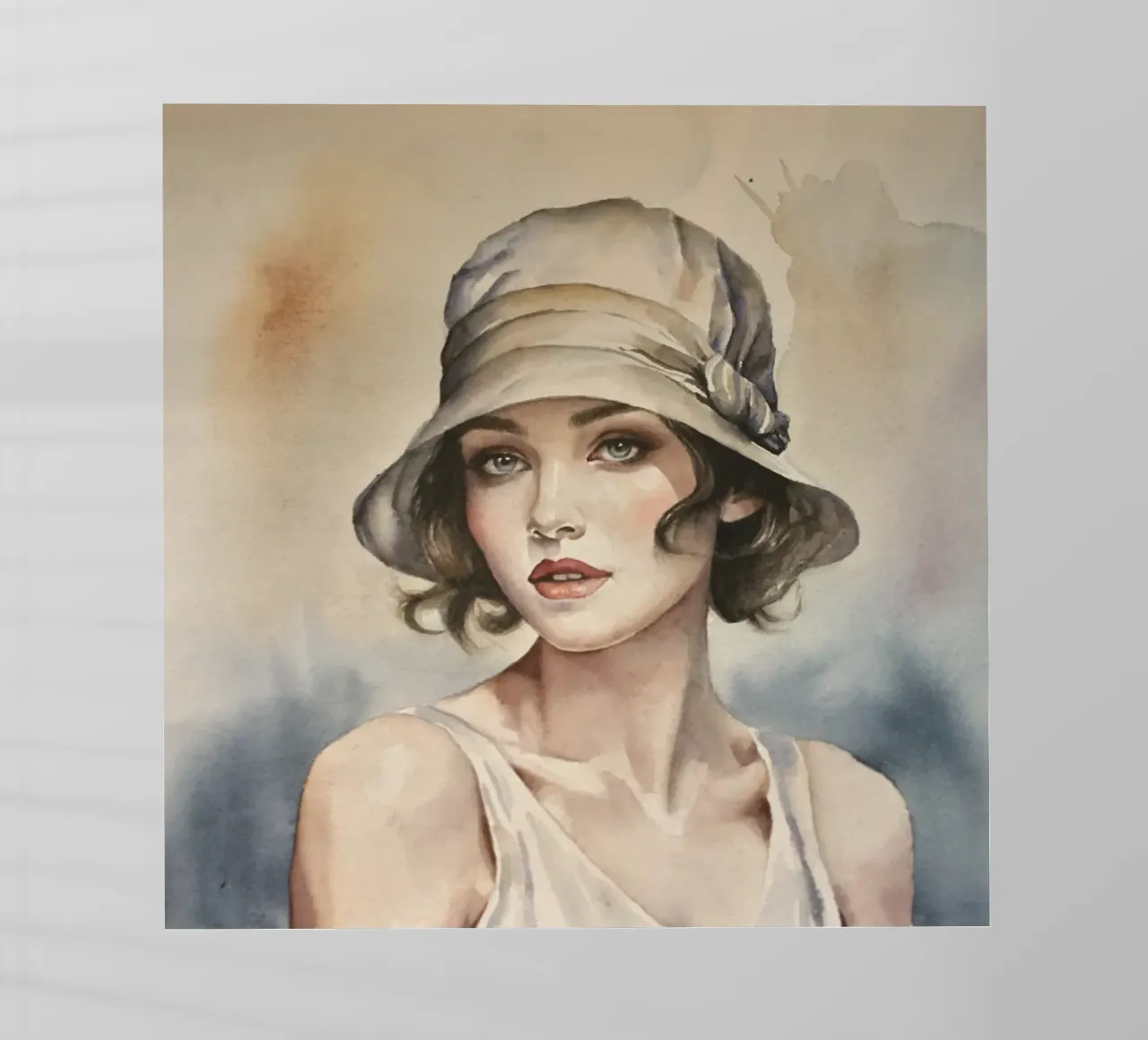 Acquerello di una donna elegante con un cappello pellicola backlit da HelenBarenton