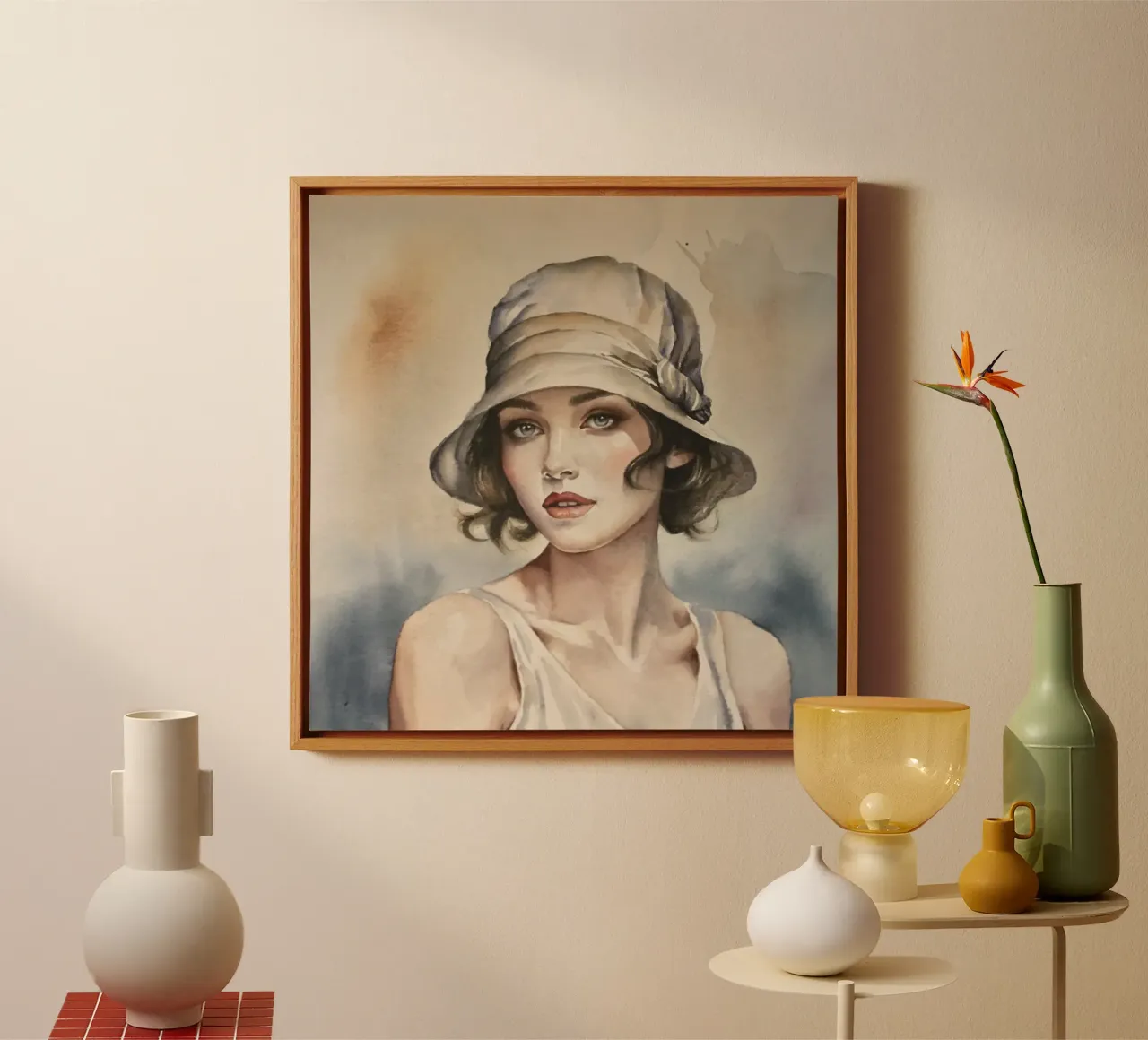 Acquerello di una donna elegante con un cappello tela con Cornice a cassetta da HelenBarenton