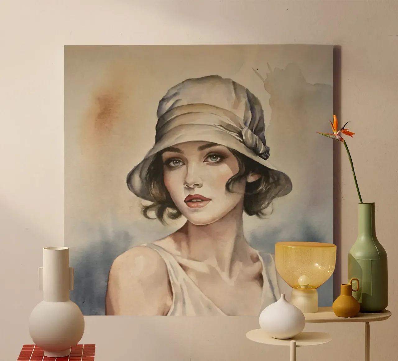 Acquerello di una donna elegante con un cappello tela con Cornice a cassetta da HelenBarenton