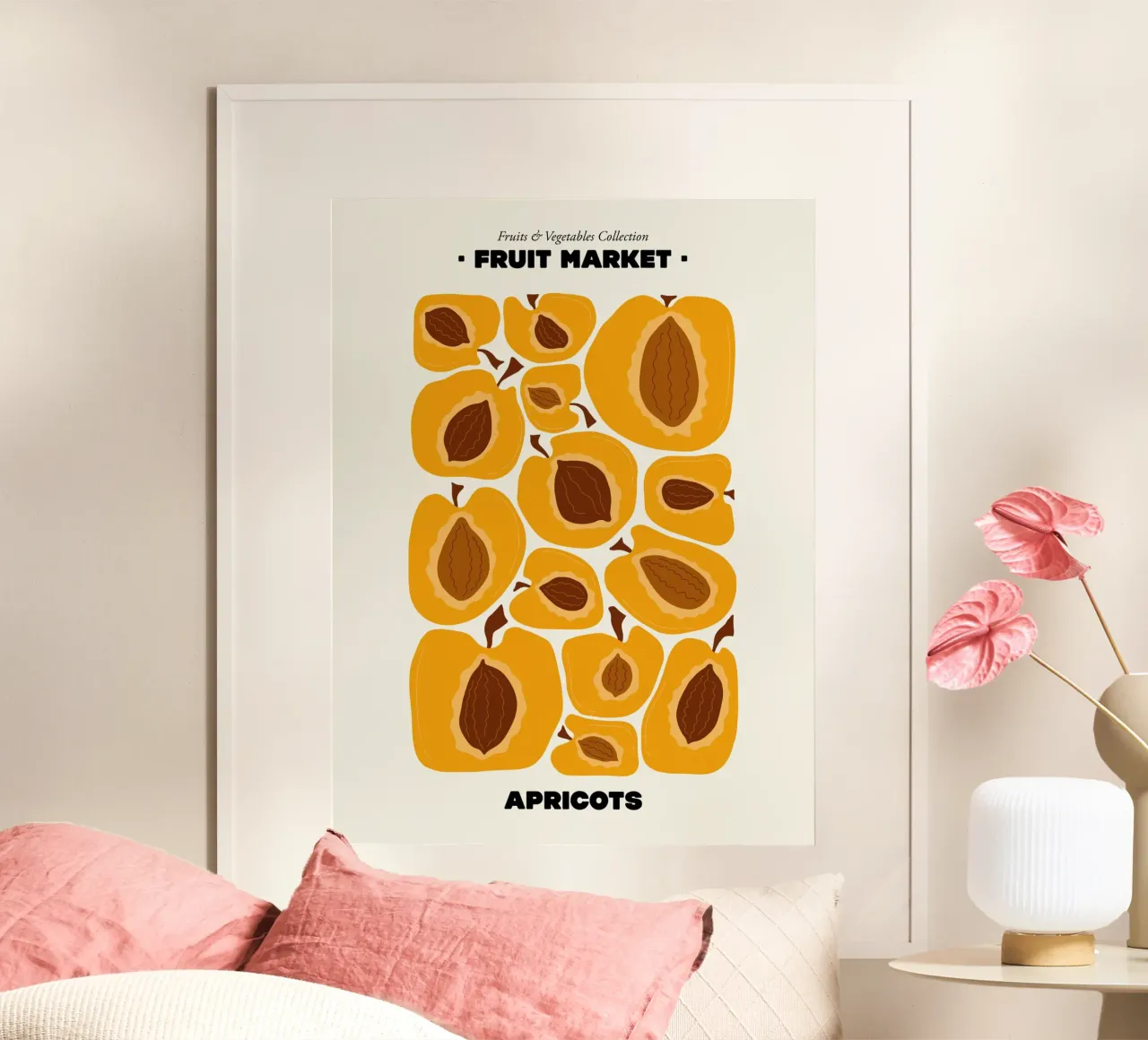 Il mercato della frutta, illustrazione delle albicocche poster con telaio in alluminio da Peaches Art Prints