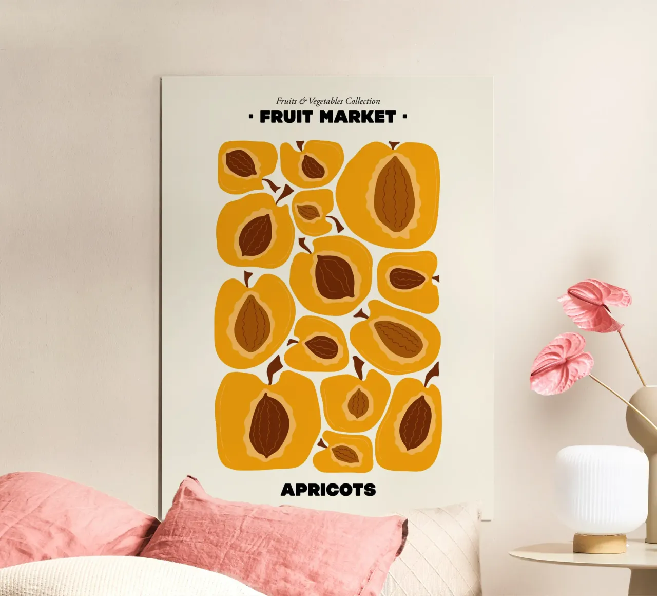 Il mercato della frutta, illustrazione delle albicocche poster con telaio in alluminio da Peaches Art Prints