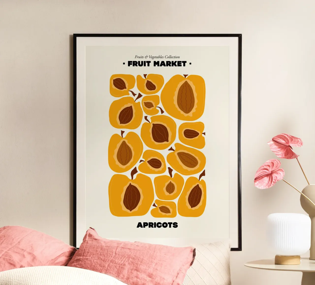 Il mercato della frutta, illustrazione delle albicocche poster con telaio in alluminio da Peaches Art Prints