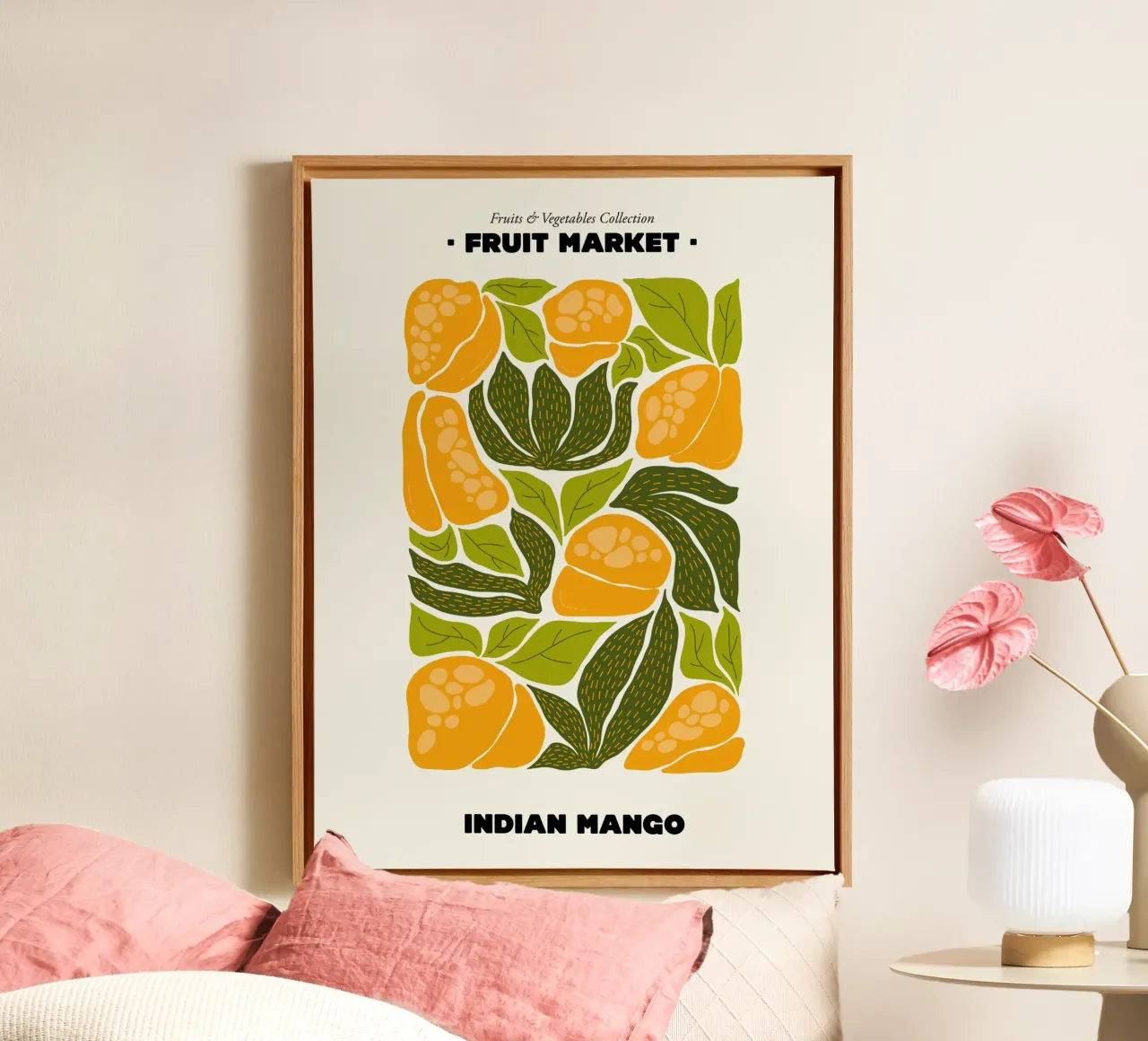 Il mercato della frutta, illustrazione del mango indiano tela con Cornice a cassetta da Peaches Art Prints