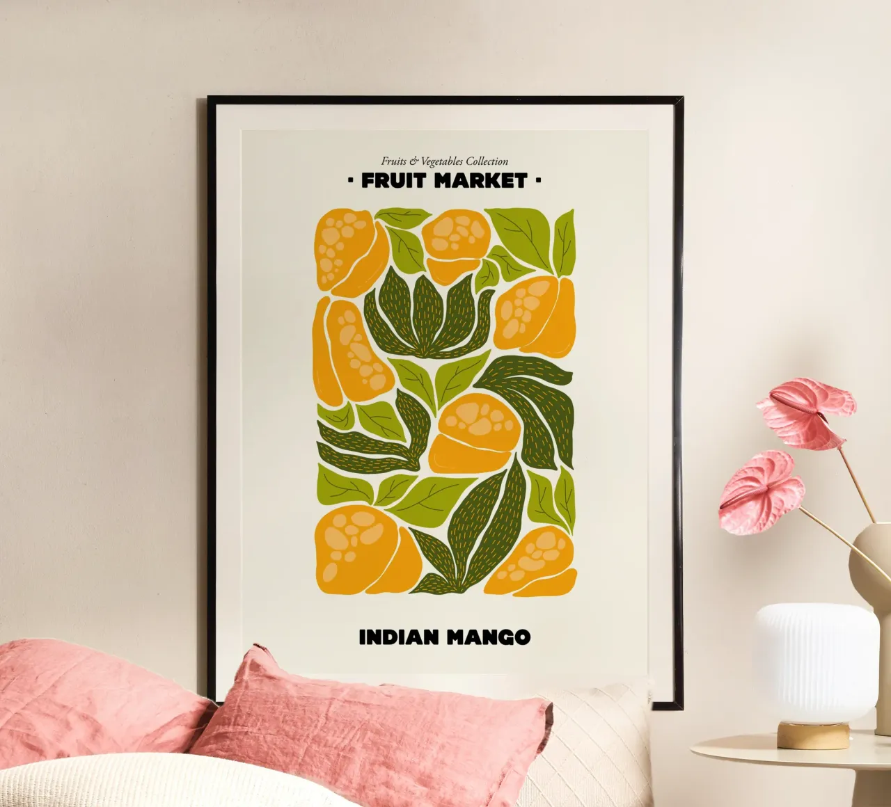 Il mercato della frutta, illustrazione del mango indiano poster con telaio in alluminio da Peaches Art Prints